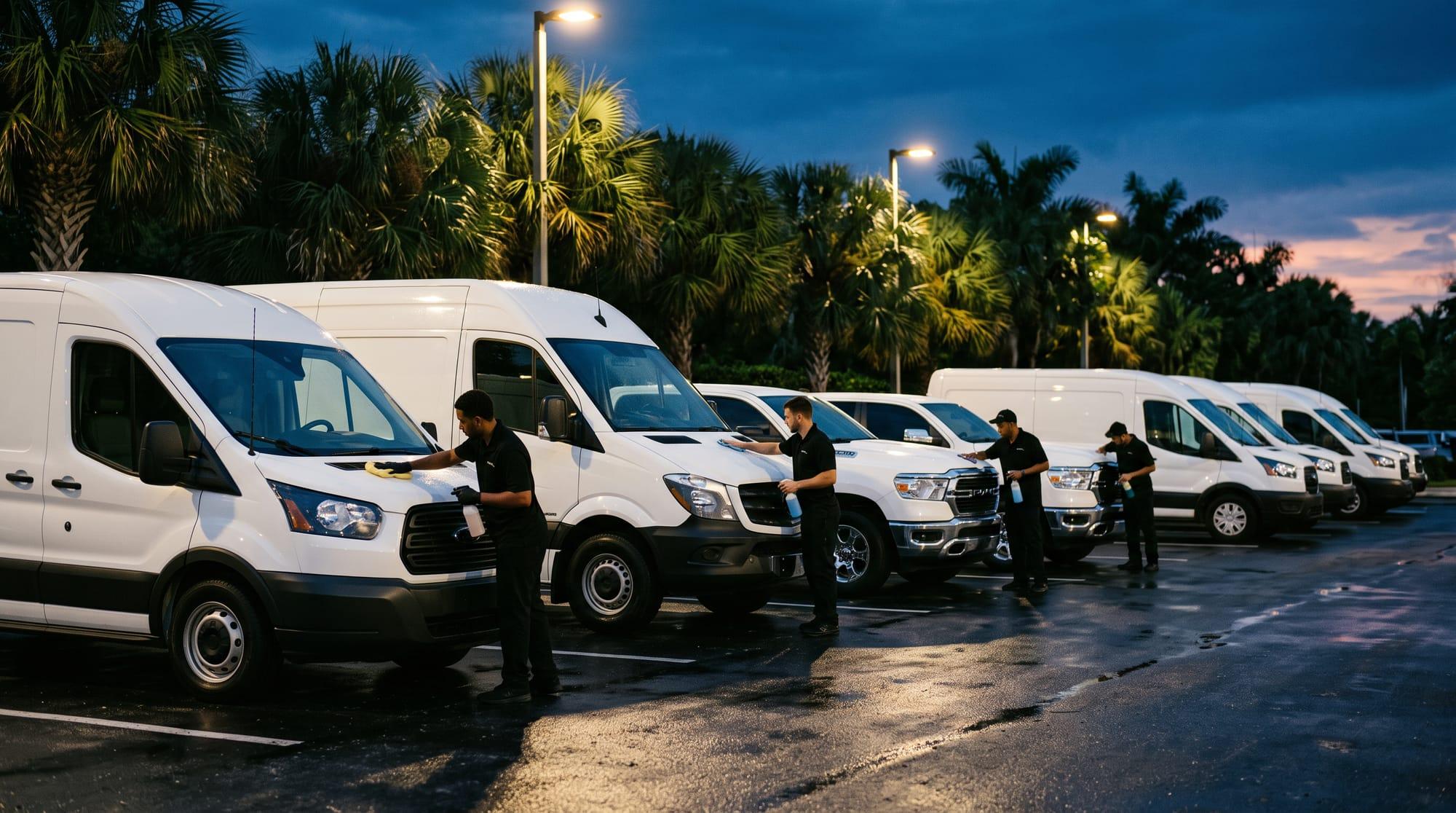 A row of company vans and trucks being detailed on site